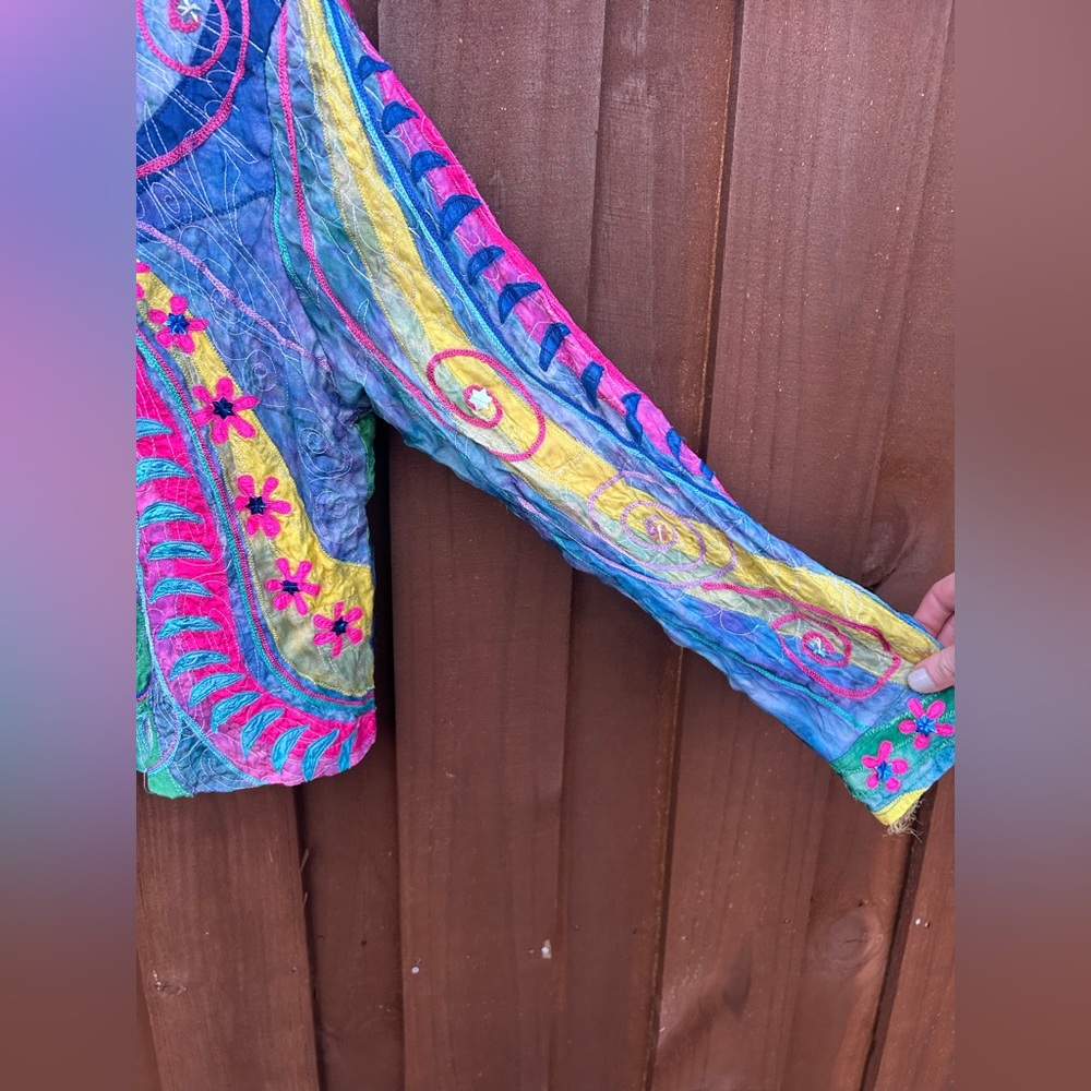 VINTAGE ANAGE Silk Appliqué Patchwork Jacket Lagenlook Art Wear 90s Funky Size M - Picture 7 of 16